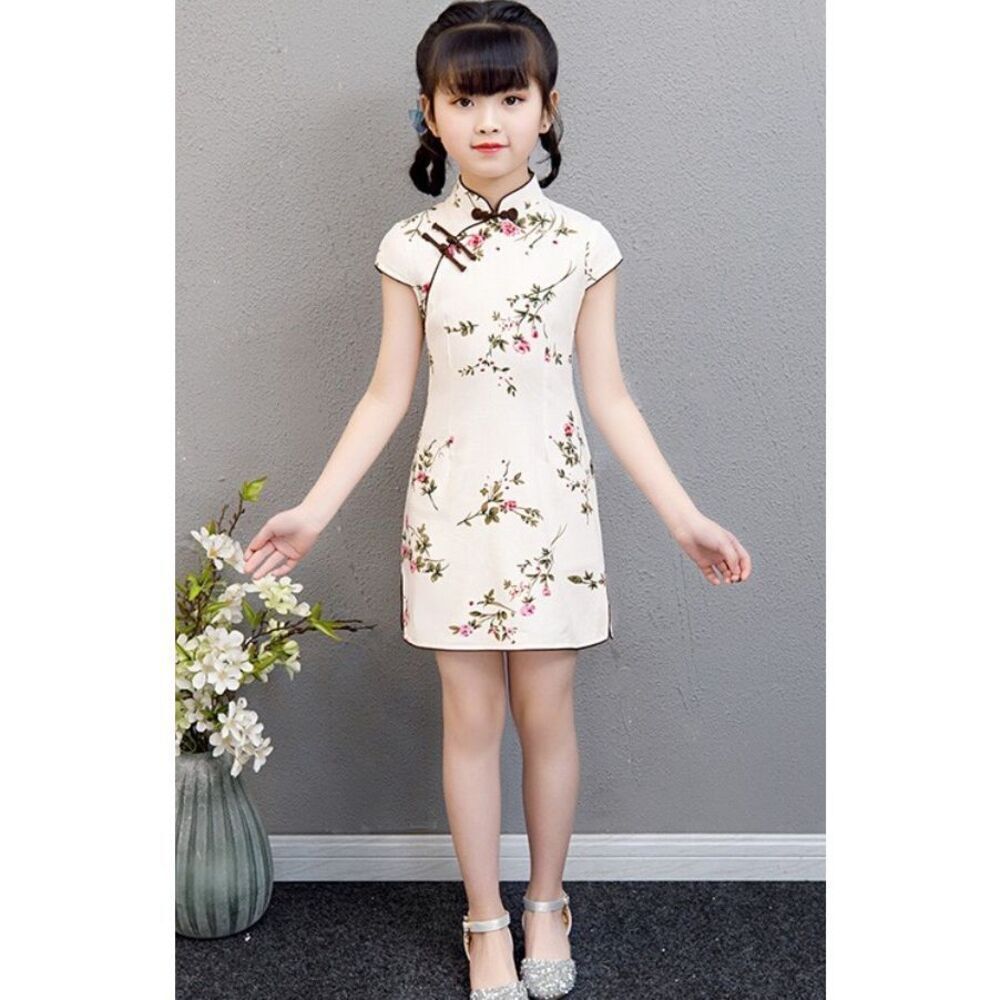 Kid's Floral Linen Cheongsam / Qipao Dress